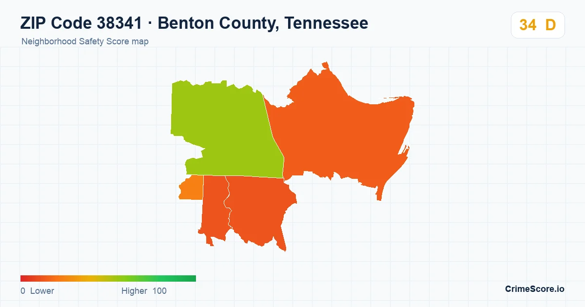 ZIP Code 38341 in Benton County, Tennessee neighborhood Safety Score map