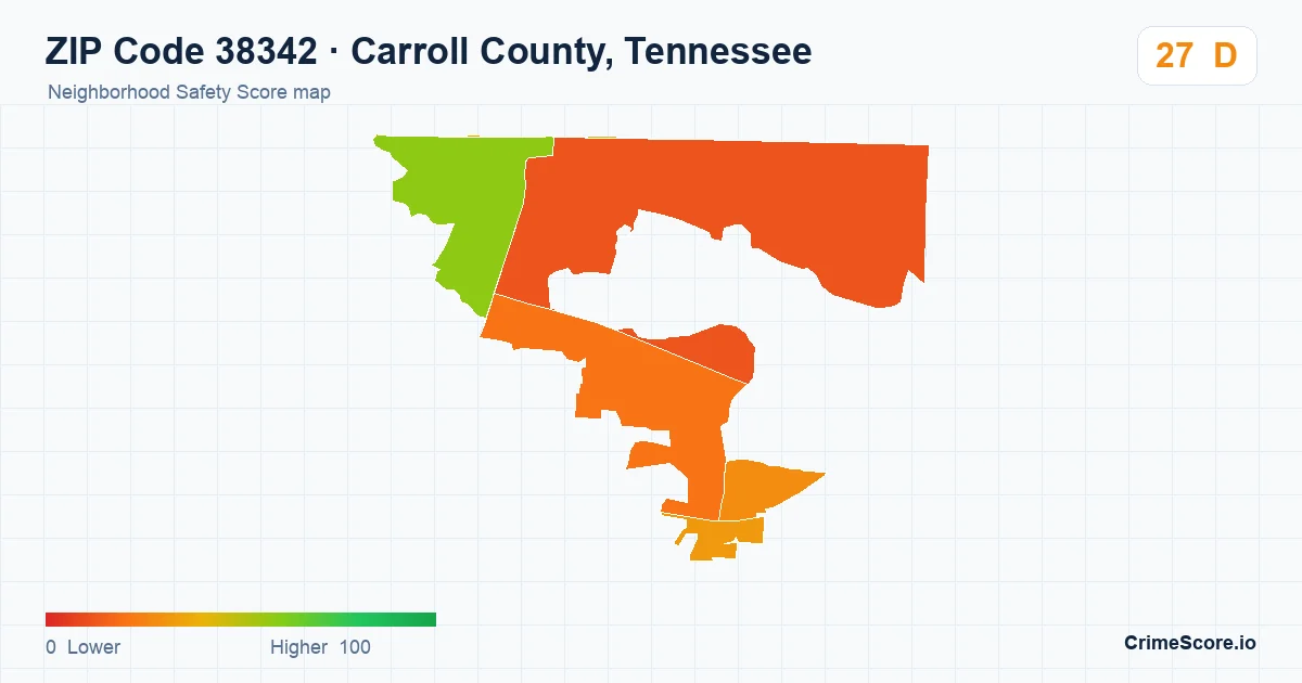 ZIP Code 38342 in Carroll County, Tennessee neighborhood Safety Score map