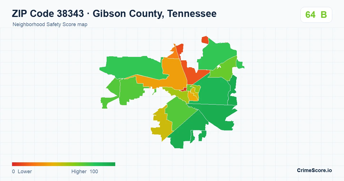ZIP Code 38343 in Gibson County, Tennessee neighborhood Safety Score map