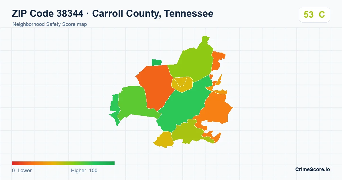 ZIP Code 38344 in Carroll County, Tennessee neighborhood Safety Score map