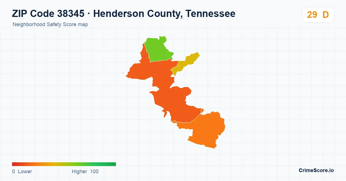ZIP Code 38345 in Henderson County, Tennessee neighborhood Safety Score map