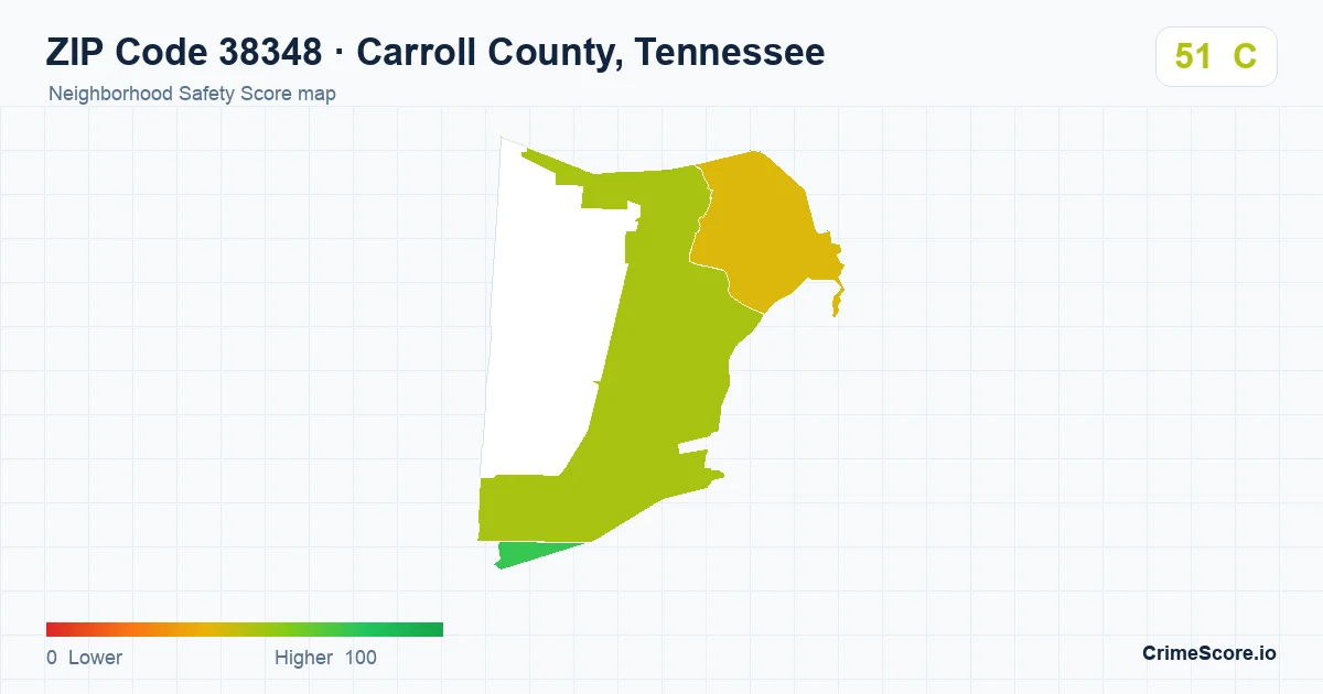 ZIP Code 38348 in Carroll County, Tennessee neighborhood Safety Score map