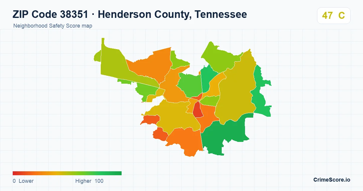 ZIP Code 38351 in Henderson County, Tennessee neighborhood Safety Score map