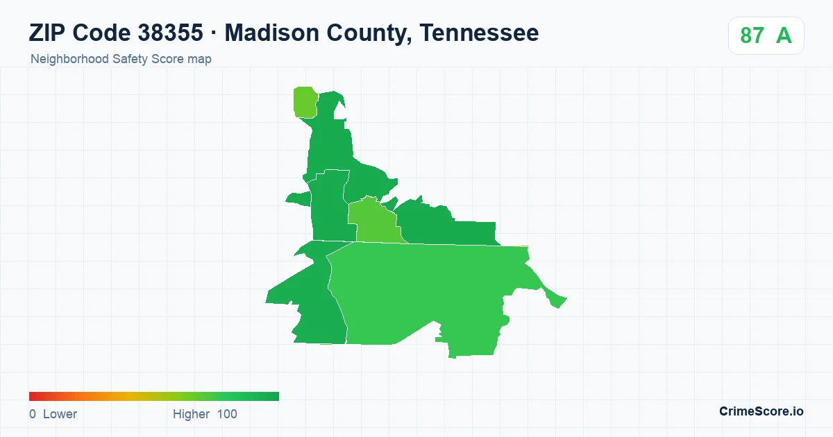 ZIP Code 38355 in Madison County, Tennessee neighborhood Safety Score map