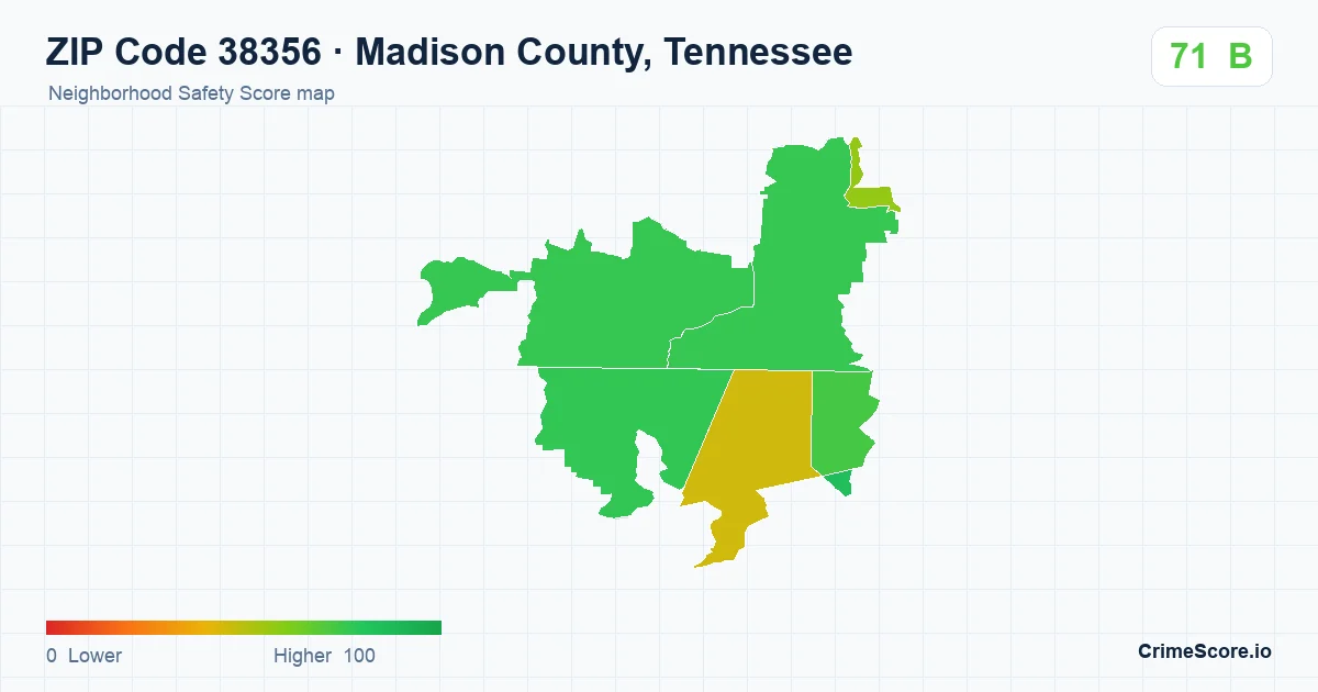 ZIP Code 38356 in Madison County, Tennessee neighborhood Safety Score map