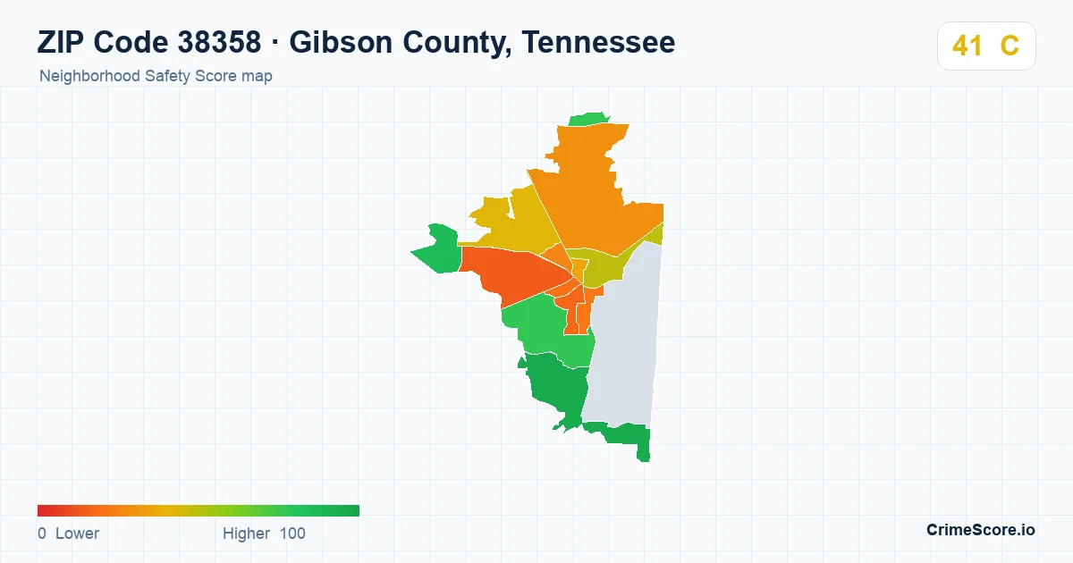 ZIP Code 38358 in Gibson County, Tennessee neighborhood Safety Score map
