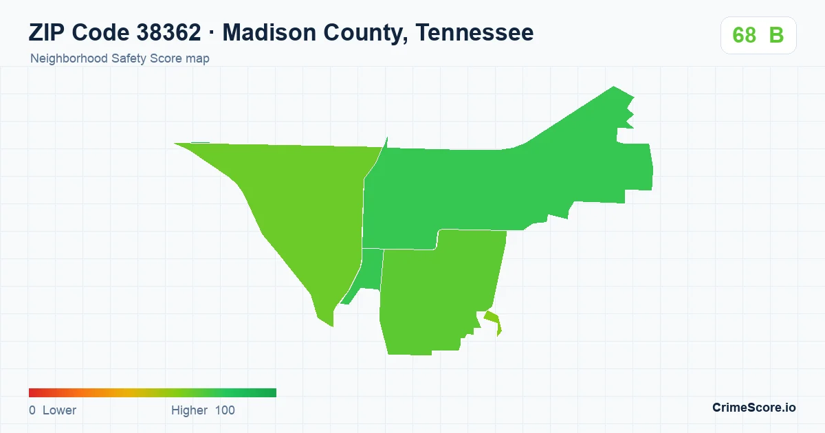 ZIP Code 38362 in Madison County, Tennessee neighborhood Safety Score map