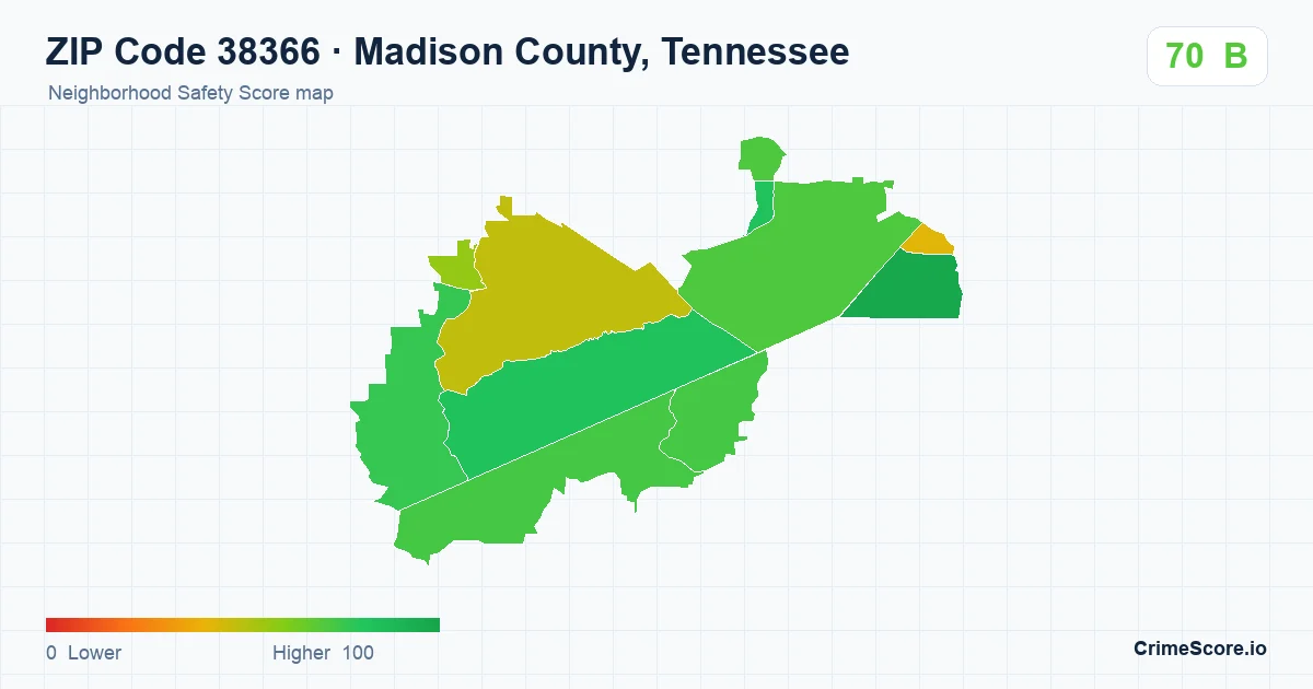 ZIP Code 38366 in Madison County, Tennessee neighborhood Safety Score map