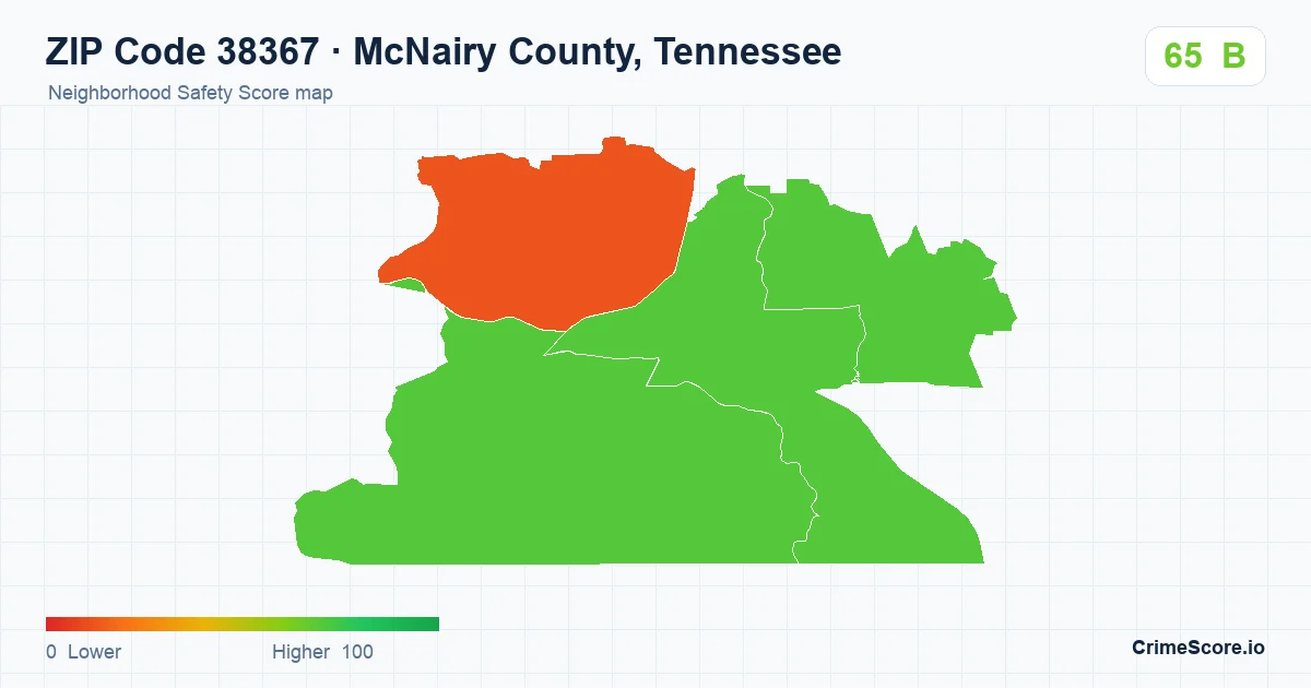ZIP Code 38367 in McNairy County, Tennessee neighborhood Safety Score map