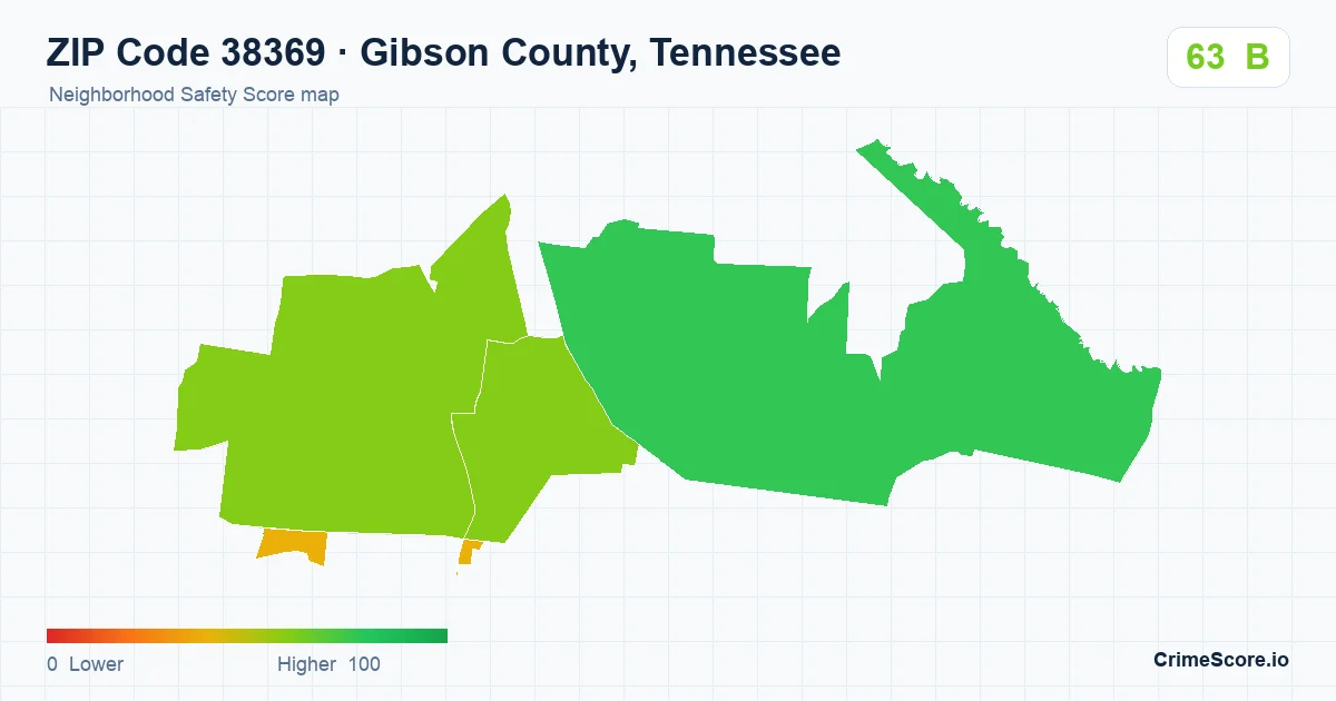 ZIP Code 38369 in Gibson County, Tennessee neighborhood Safety Score map