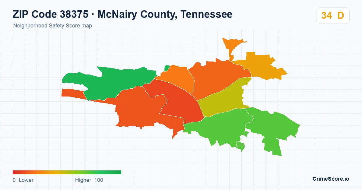 ZIP Code 38375 in McNairy County, Tennessee neighborhood Safety Score map