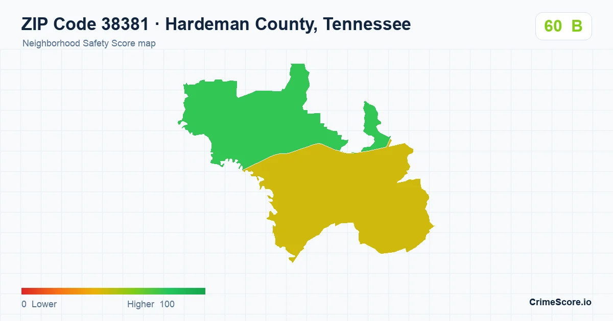 ZIP Code 38381 in Hardeman County, Tennessee neighborhood Safety Score map