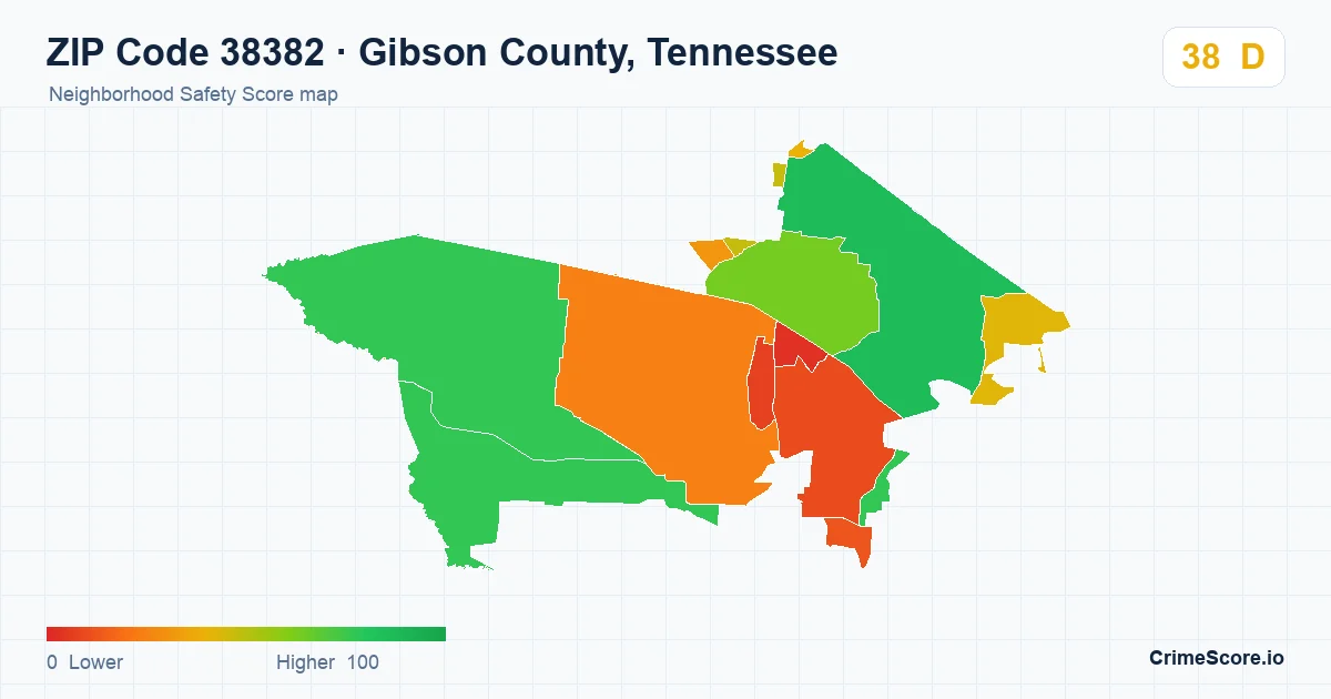ZIP Code 38382 in Gibson County, Tennessee neighborhood Safety Score map