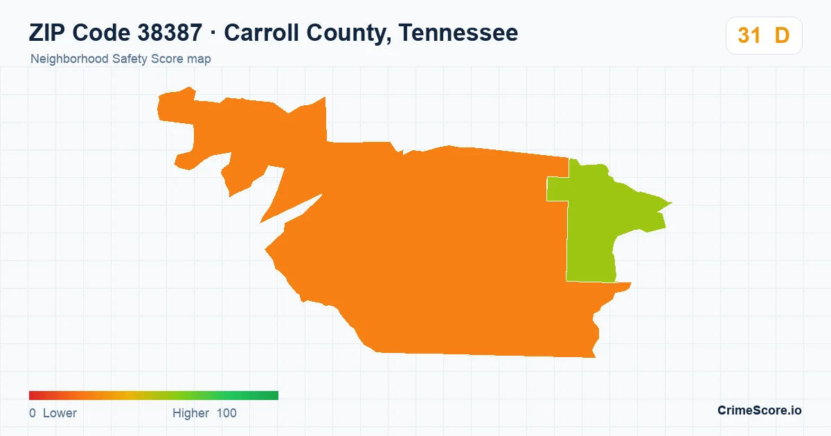 ZIP Code 38387 in Carroll County, Tennessee neighborhood Safety Score map