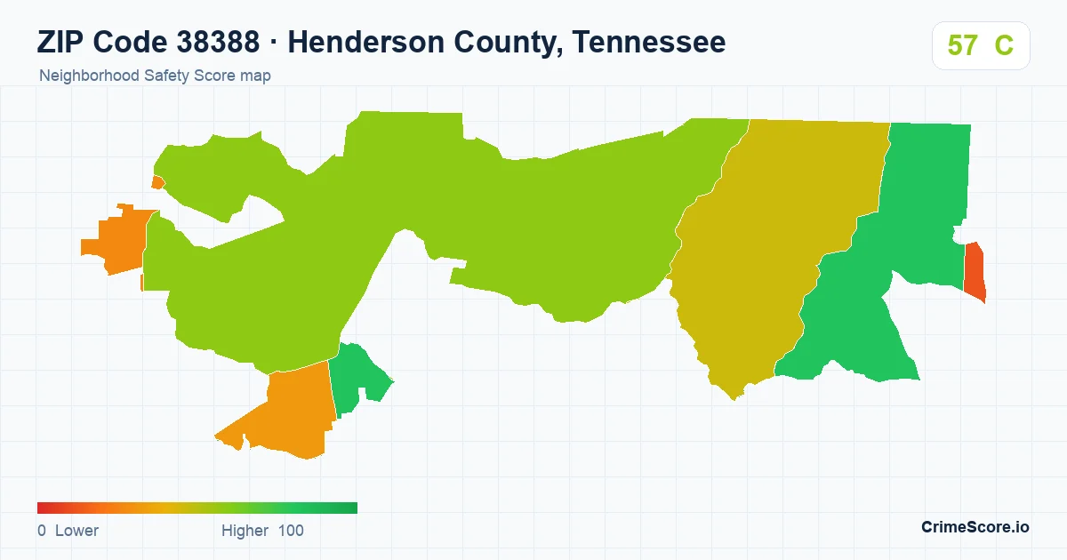 ZIP Code 38388 in Henderson County, Tennessee neighborhood Safety Score map