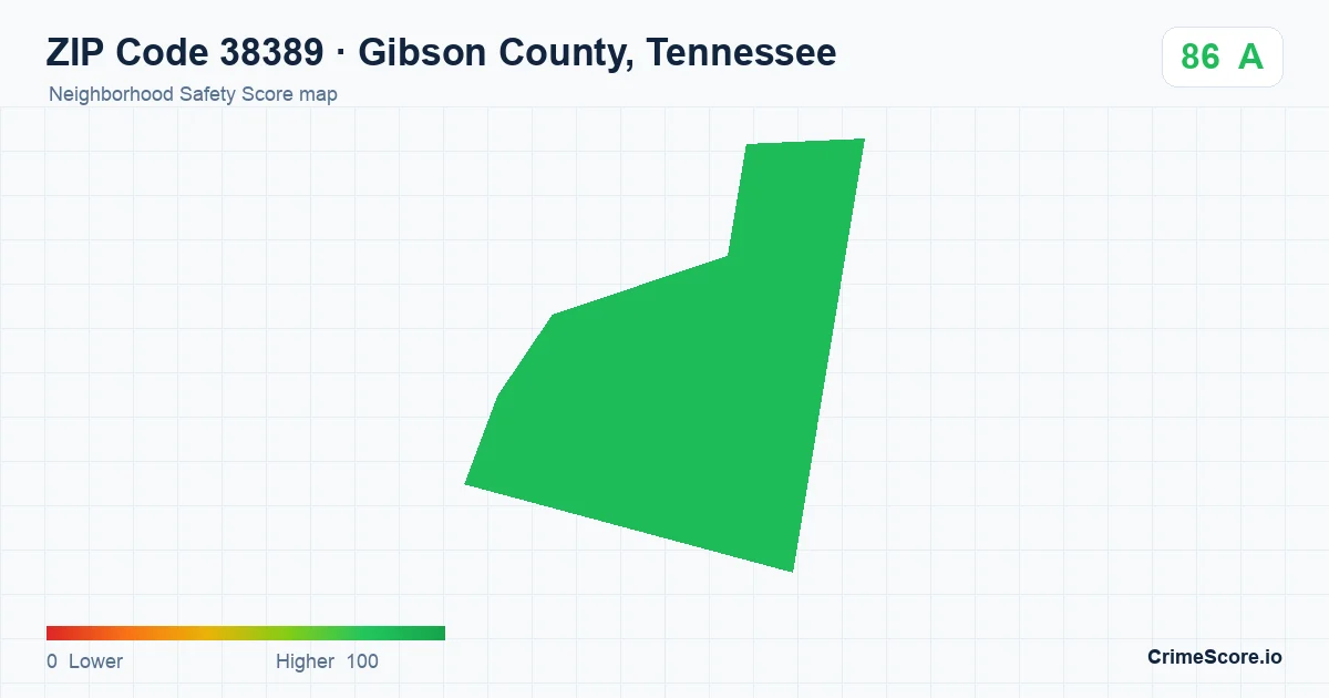 ZIP Code 38389 in Gibson County, Tennessee neighborhood Safety Score map