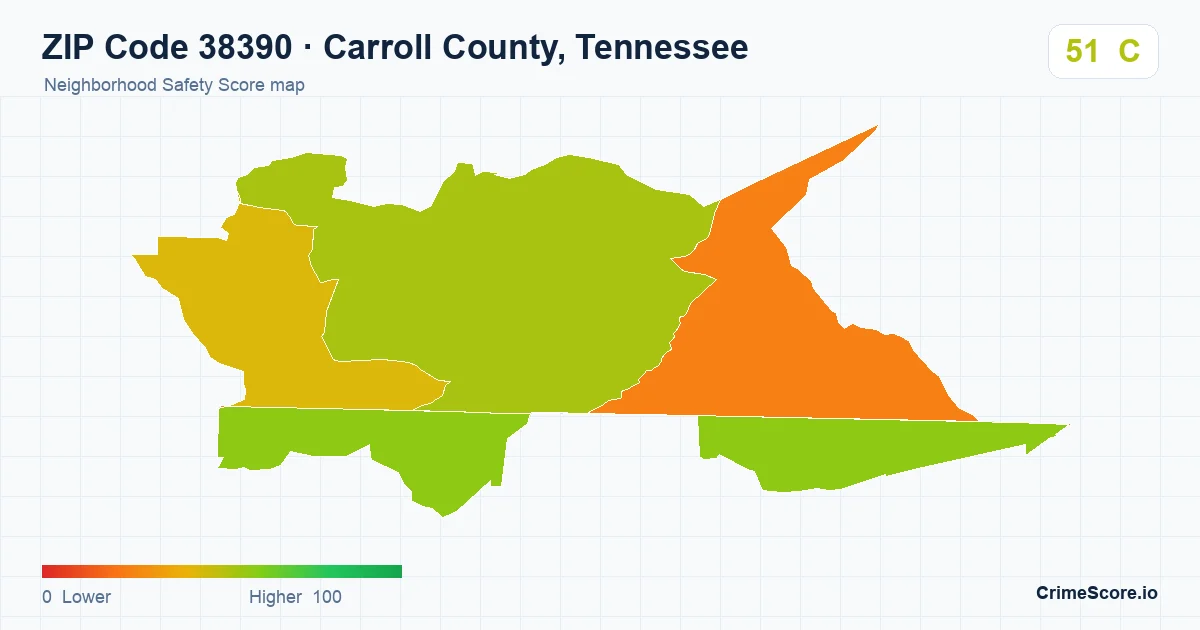 ZIP Code 38390 in Carroll County, Tennessee neighborhood Safety Score map