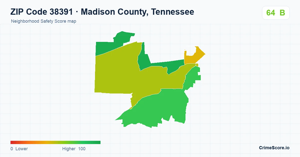 ZIP Code 38391 in Madison County, Tennessee neighborhood Safety Score map