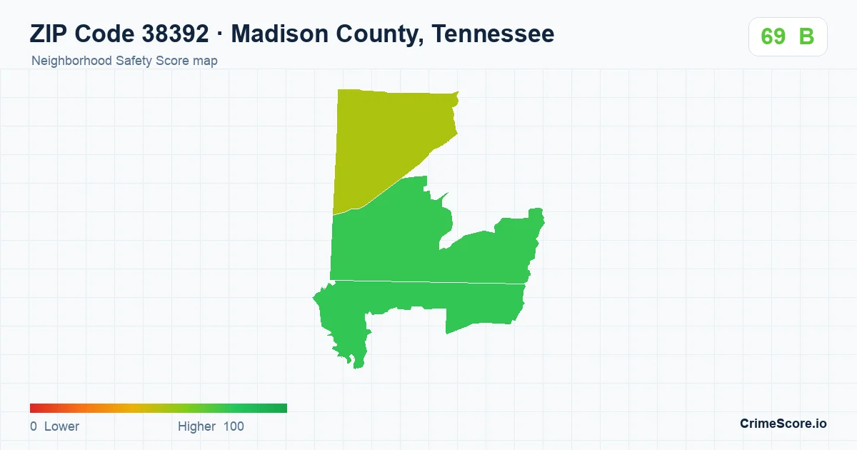 ZIP Code 38392 in Madison County, Tennessee neighborhood Safety Score map