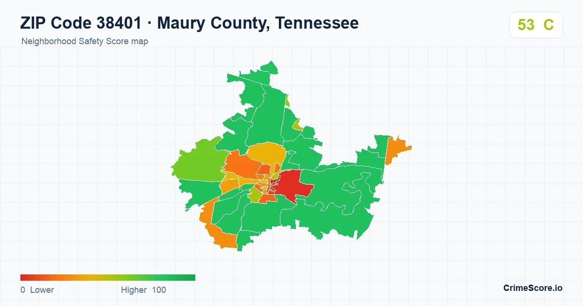 ZIP Code 38401 in Maury County, Tennessee neighborhood Safety Score map