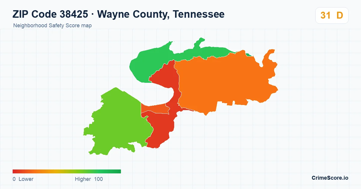 ZIP Code 38425 in Wayne County, Tennessee neighborhood Safety Score map