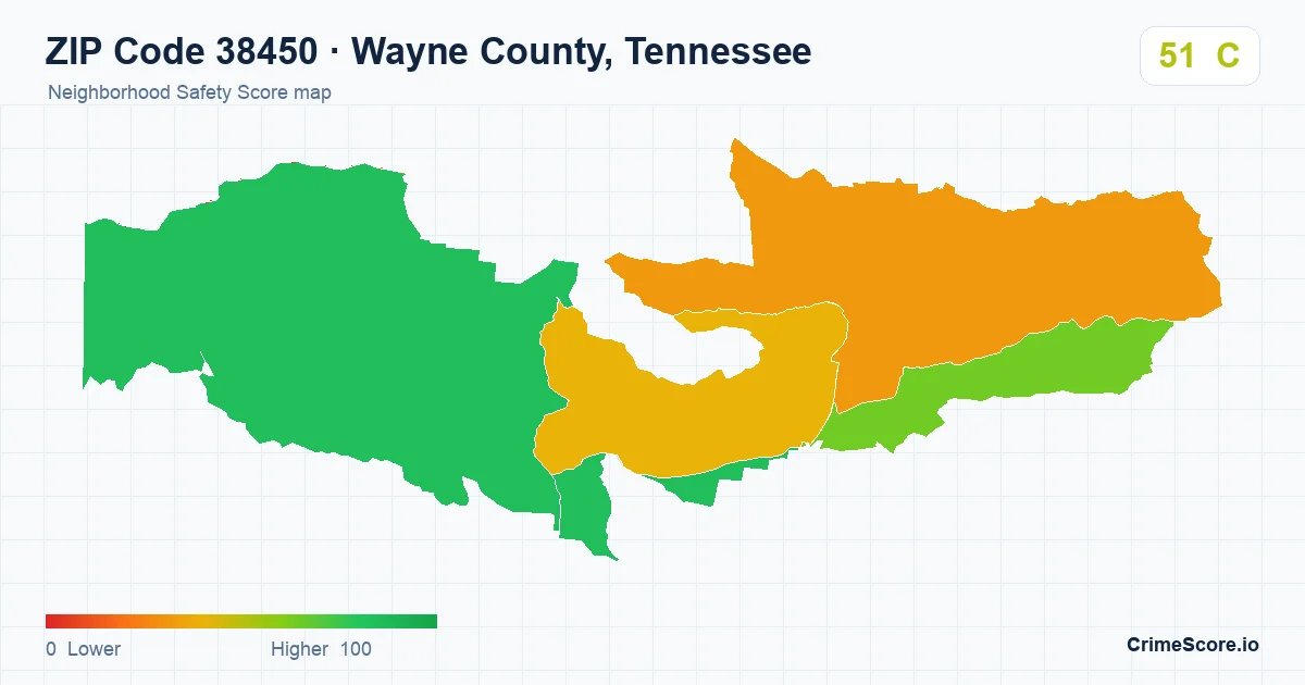 ZIP Code 38450 in Wayne County, Tennessee neighborhood Safety Score map
