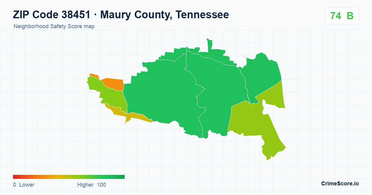ZIP Code 38451 in Maury County, Tennessee neighborhood Safety Score map