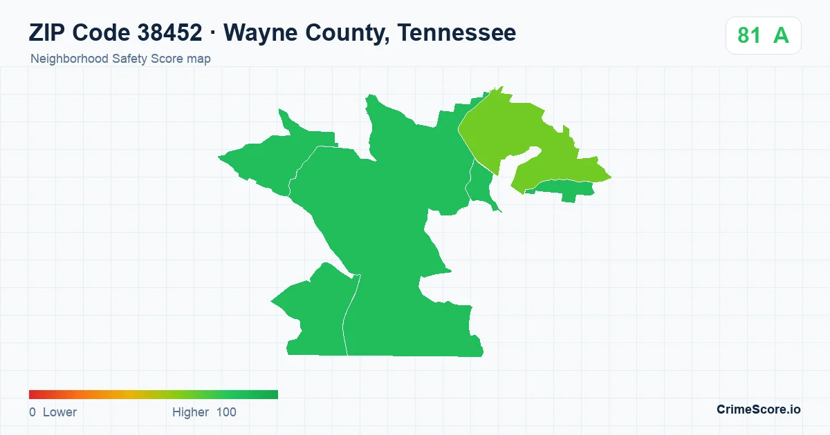 ZIP Code 38452 in Wayne County, Tennessee neighborhood Safety Score map