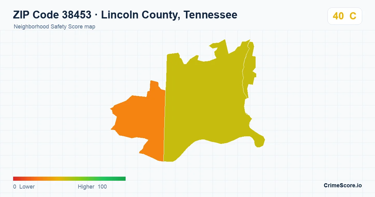 ZIP Code 38453 in Lincoln County, Tennessee neighborhood Safety Score map