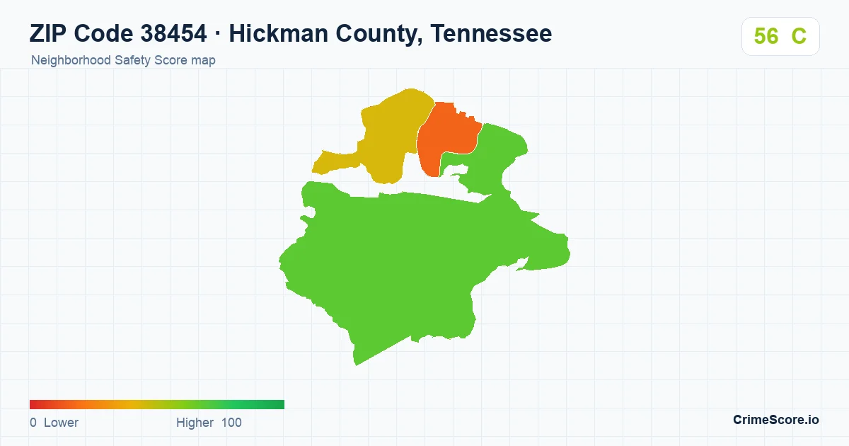 ZIP Code 38454 in Hickman County, Tennessee neighborhood Safety Score map