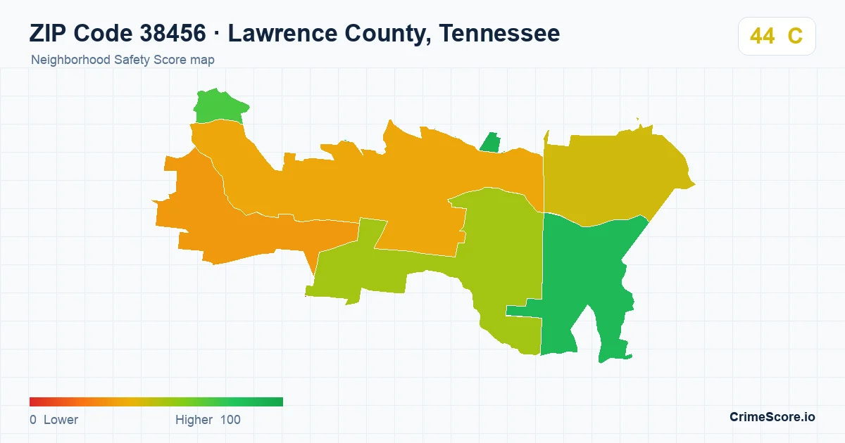 ZIP Code 38456 in Lawrence County, Tennessee neighborhood Safety Score map