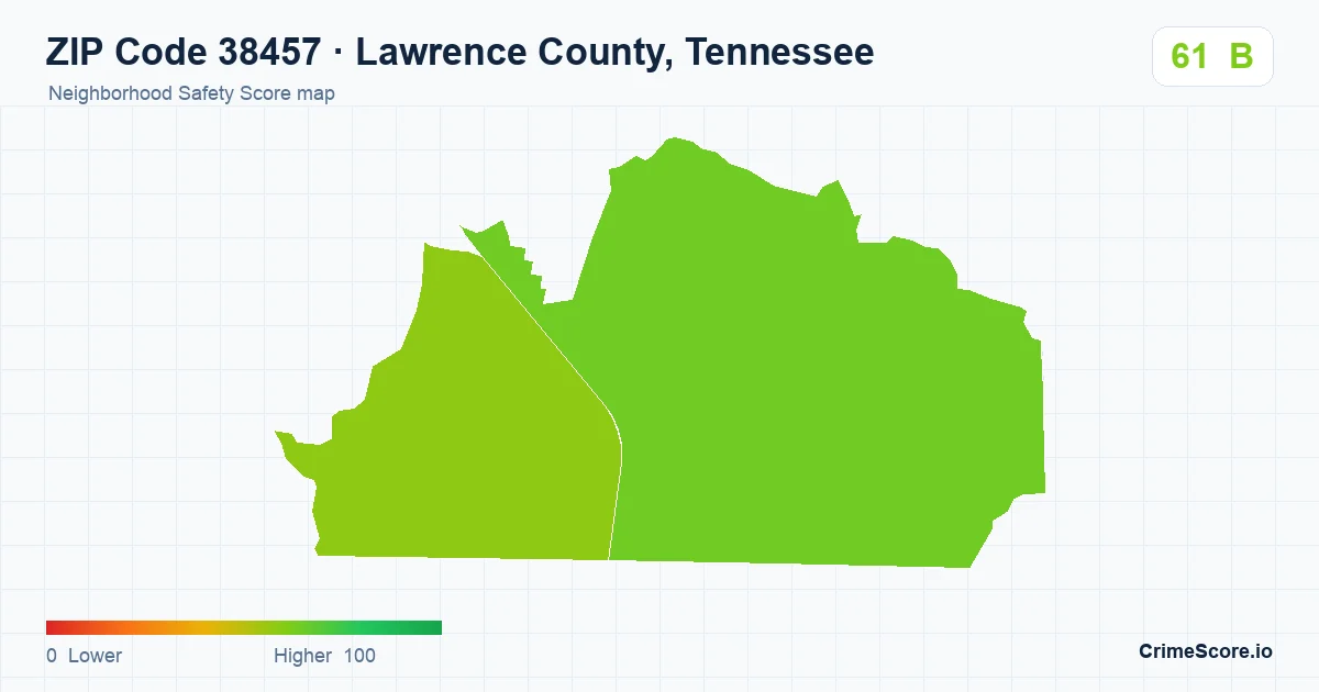 ZIP Code 38457 in Lawrence County, Tennessee neighborhood Safety Score map
