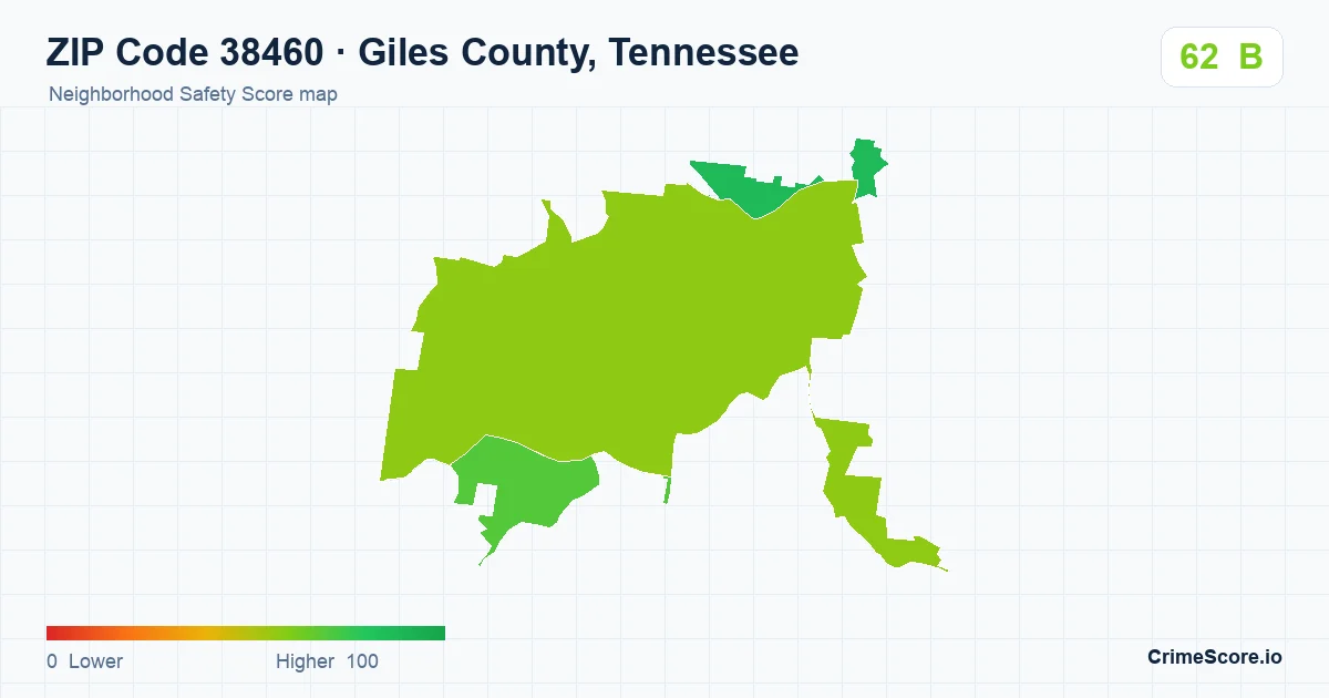 ZIP Code 38460 in Giles County, Tennessee neighborhood Safety Score map