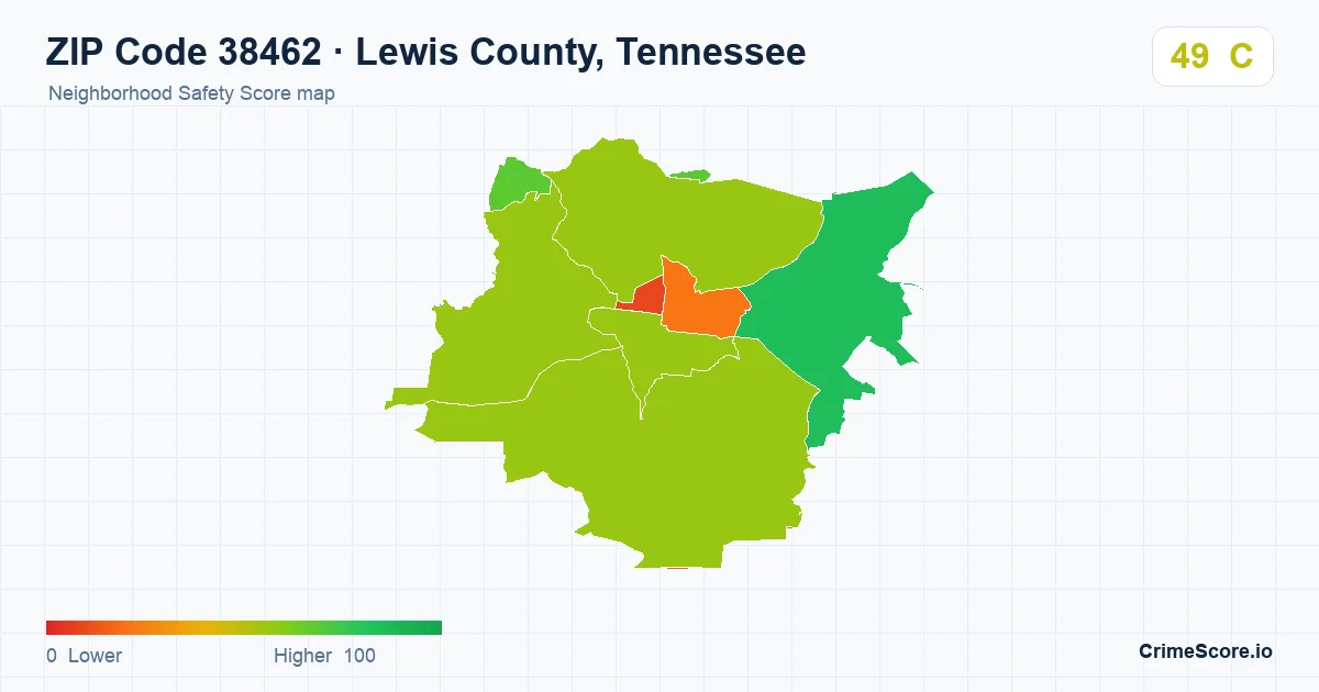 ZIP Code 38462 in Lewis County, Tennessee neighborhood Safety Score map