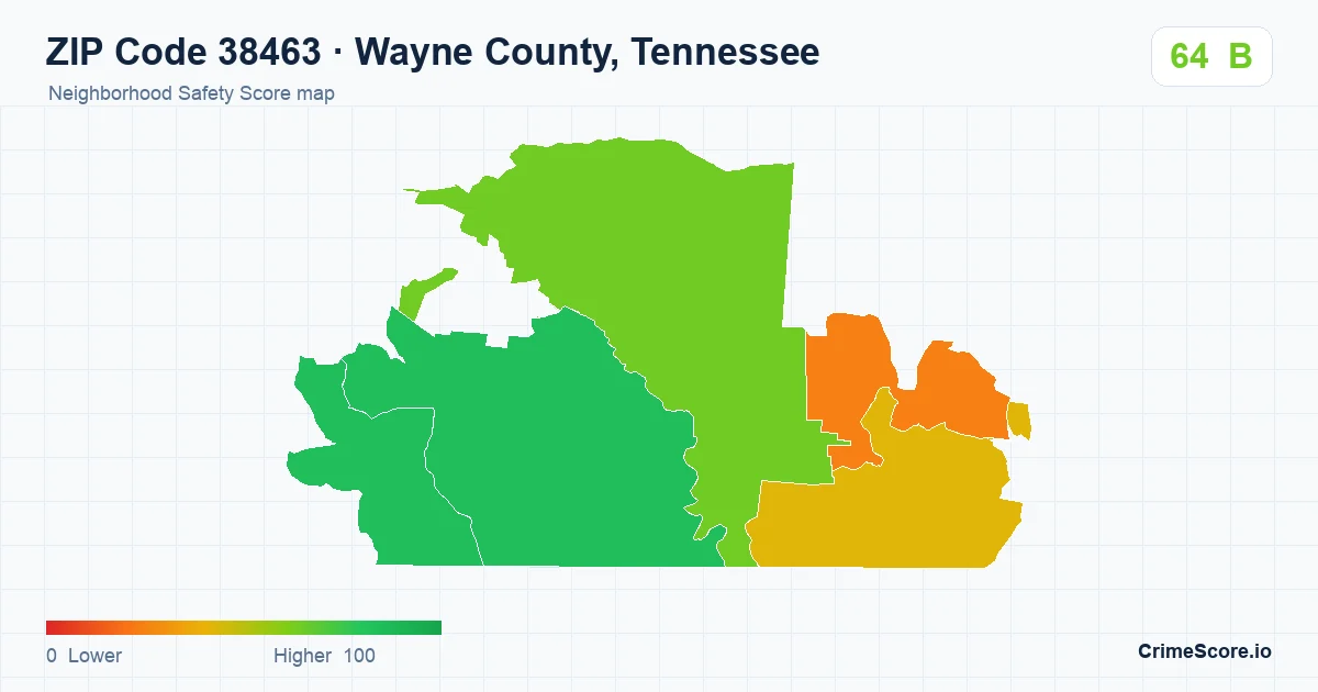 ZIP Code 38463 in Wayne County, Tennessee neighborhood Safety Score map