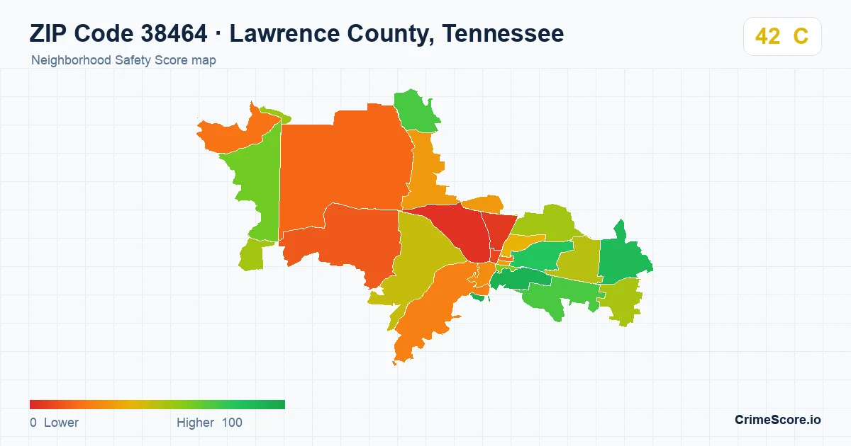 ZIP Code 38464 in Lawrence County, Tennessee neighborhood Safety Score map