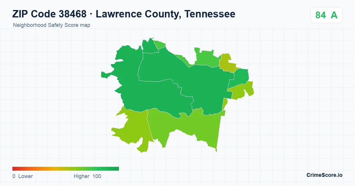 ZIP Code 38468 in Lawrence County, Tennessee neighborhood Safety Score map