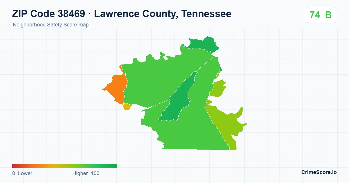 ZIP Code 38469 in Lawrence County, Tennessee neighborhood Safety Score map
