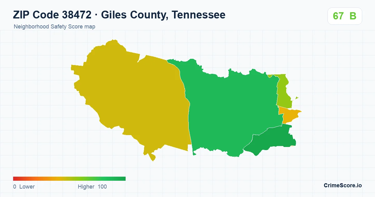 ZIP Code 38472 in Giles County, Tennessee neighborhood Safety Score map