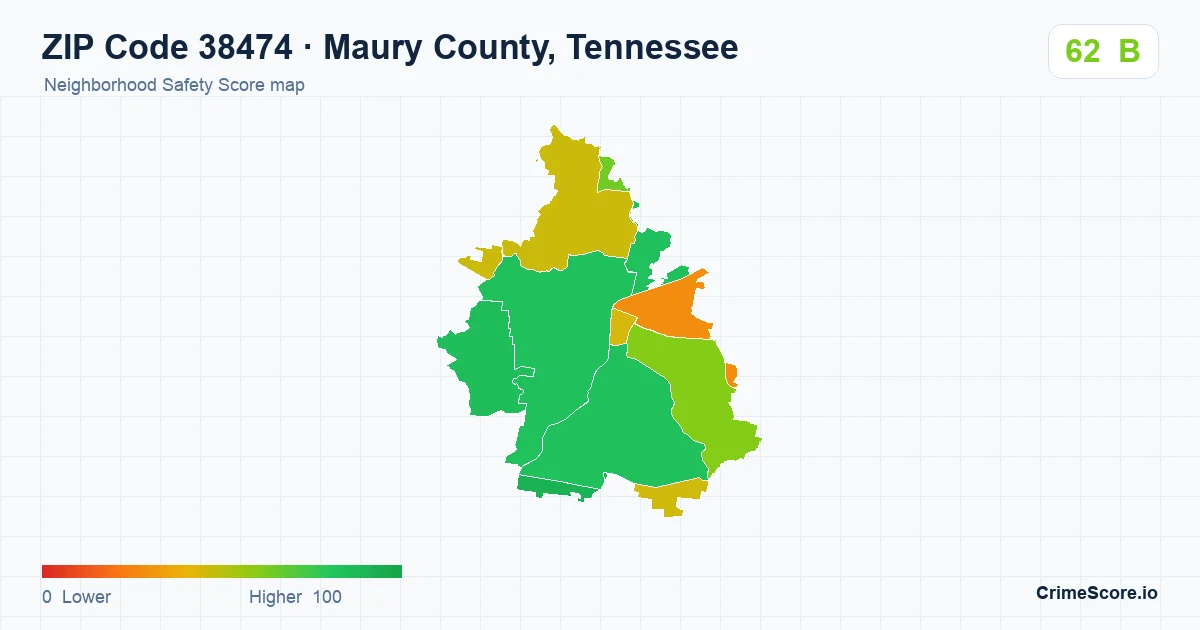 ZIP Code 38474 in Maury County, Tennessee neighborhood Safety Score map