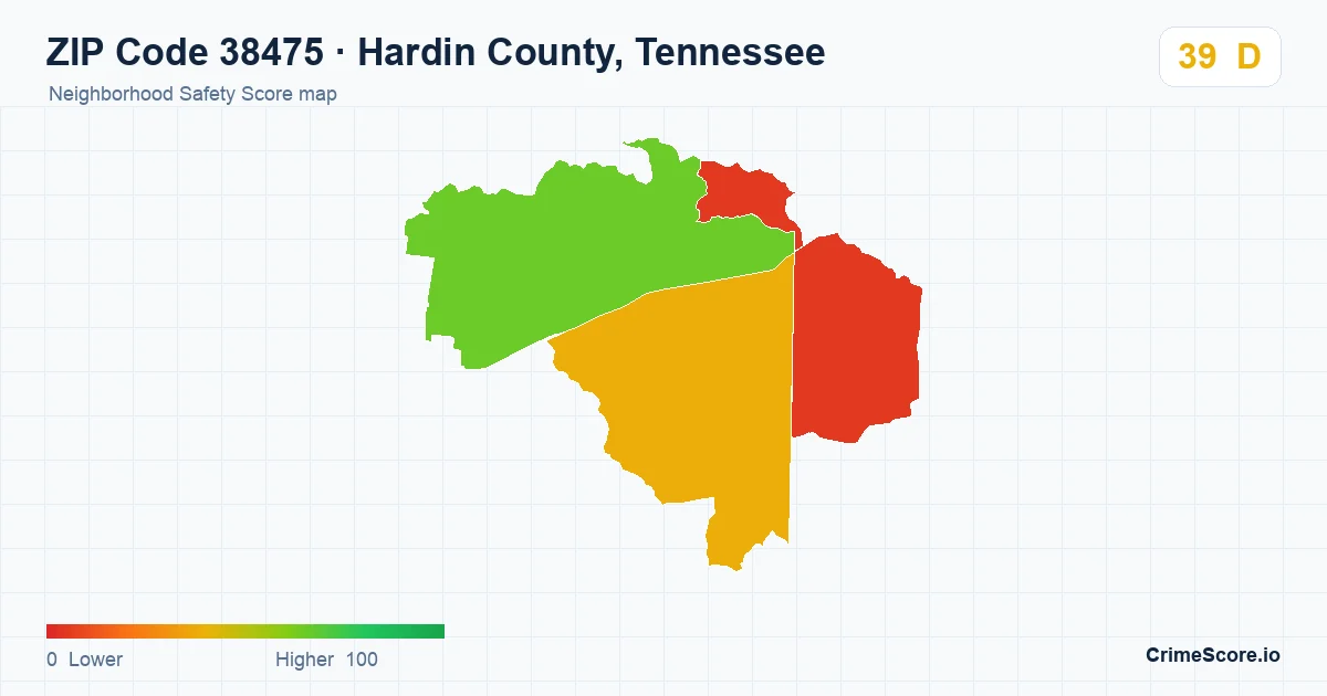 ZIP Code 38475 in Hardin County, Tennessee neighborhood Safety Score map