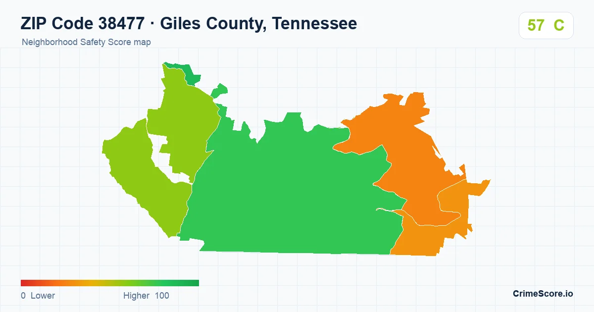 ZIP Code 38477 in Giles County, Tennessee neighborhood Safety Score map