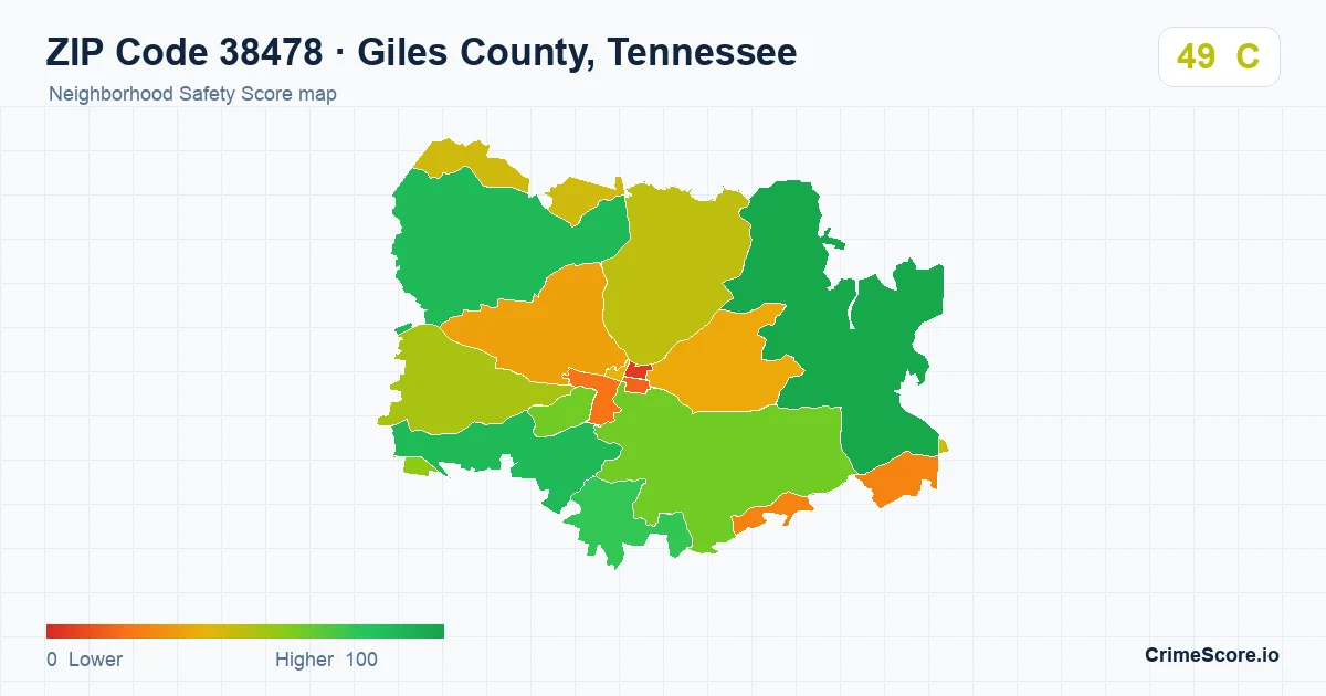 ZIP Code 38478 in Giles County, Tennessee neighborhood Safety Score map