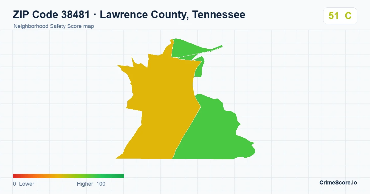 ZIP Code 38481 in Lawrence County, Tennessee neighborhood Safety Score map