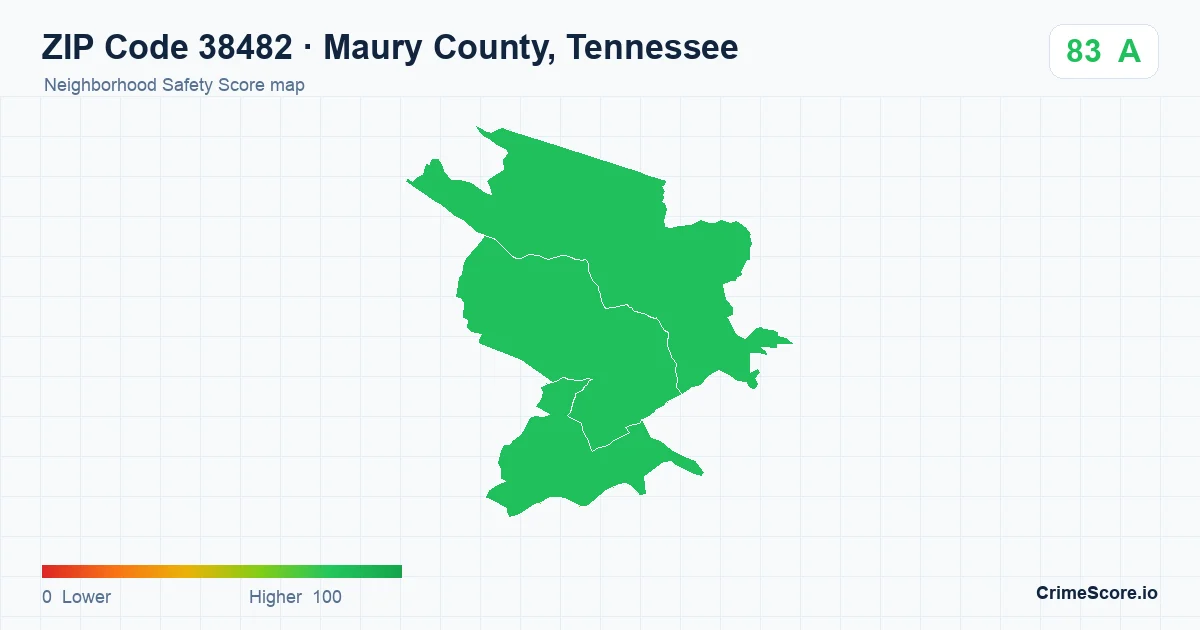 ZIP Code 38482 in Maury County, Tennessee neighborhood Safety Score map