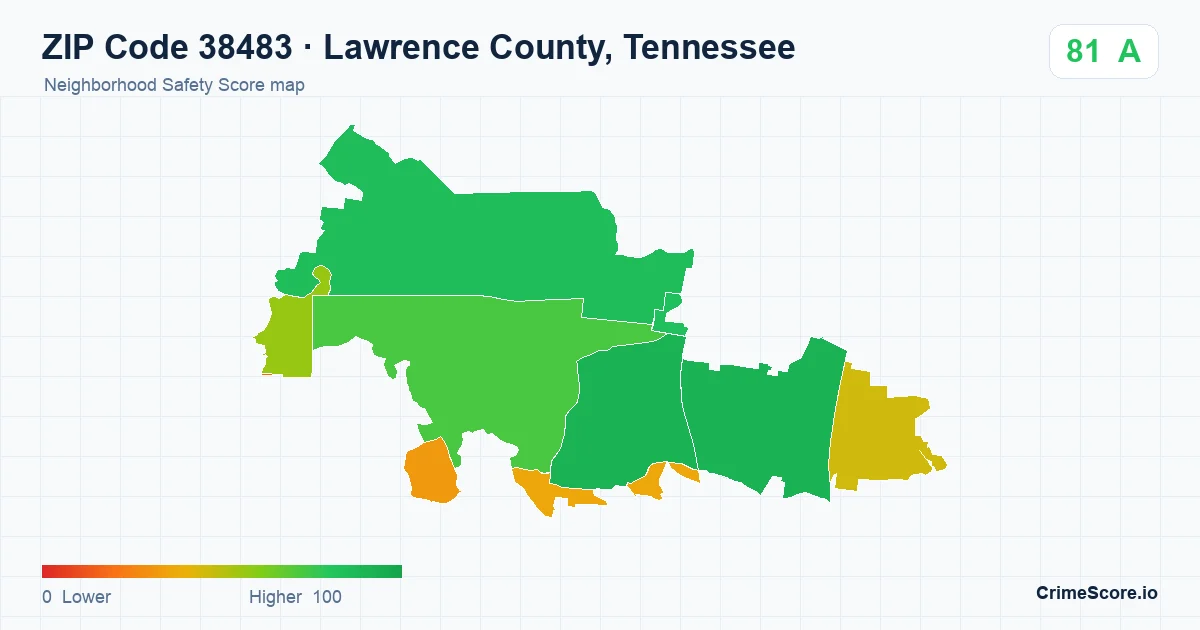 ZIP Code 38483 in Lawrence County, Tennessee neighborhood Safety Score map