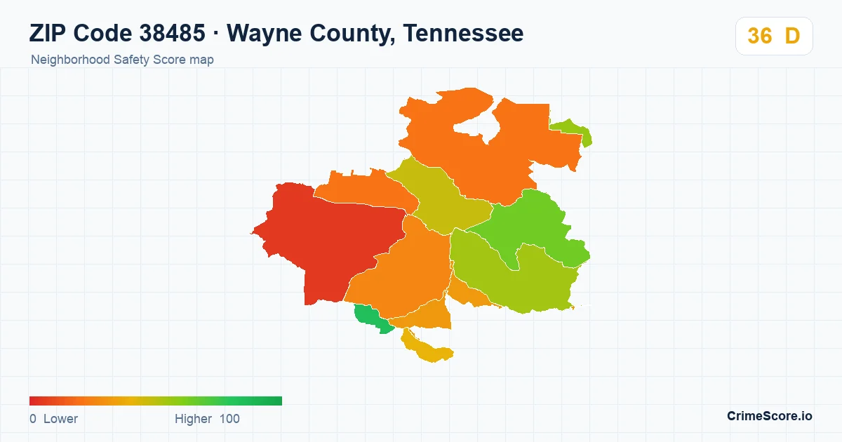 ZIP Code 38485 in Wayne County, Tennessee neighborhood Safety Score map