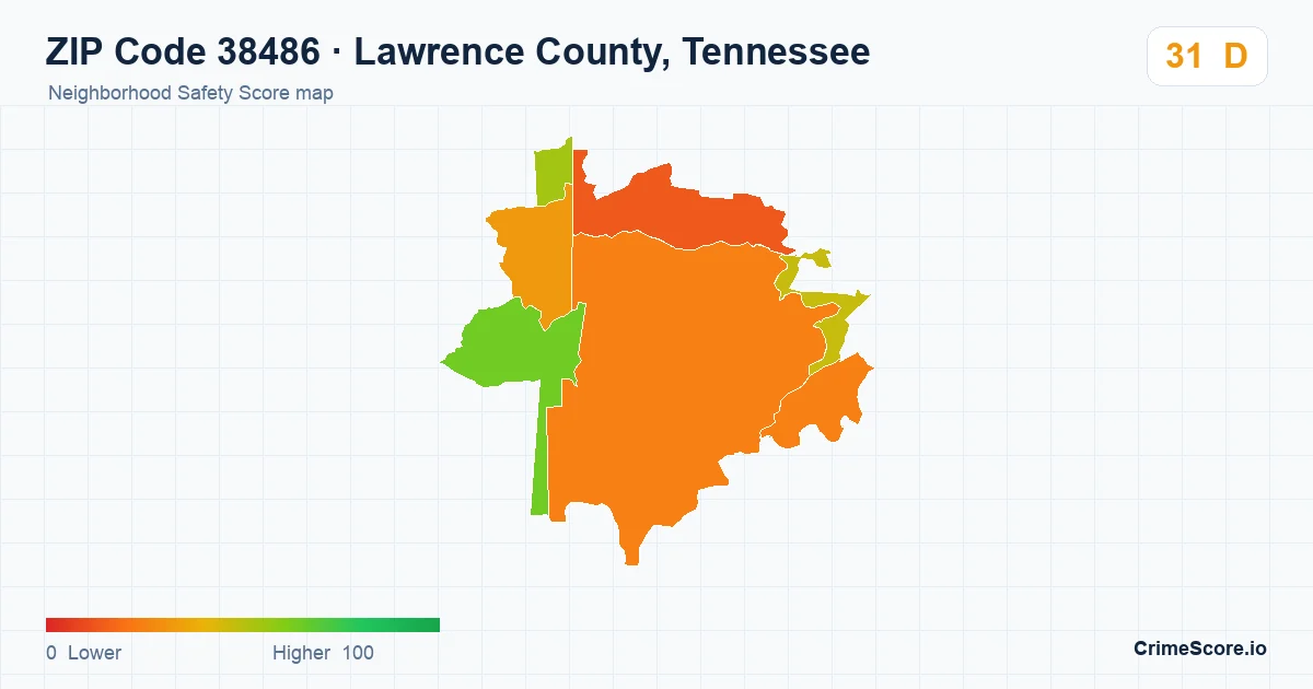 ZIP Code 38486 in Lawrence County, Tennessee neighborhood Safety Score map