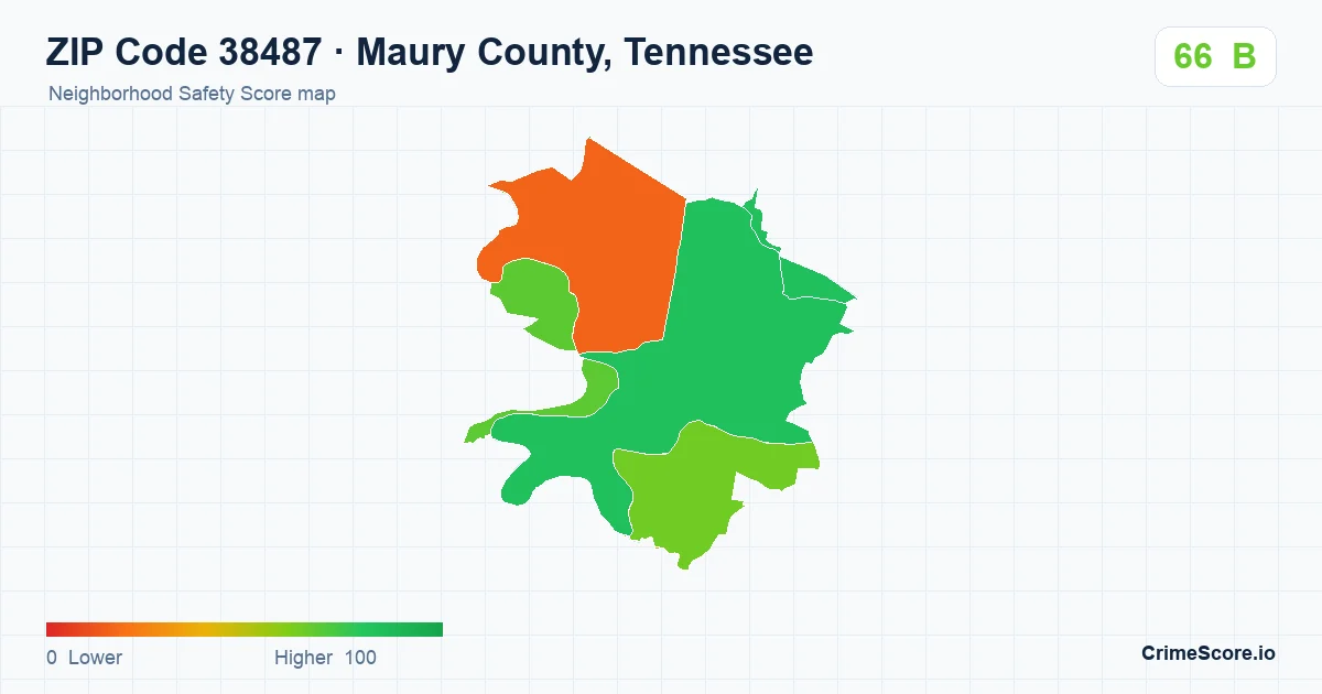 ZIP Code 38487 in Maury County, Tennessee neighborhood Safety Score map
