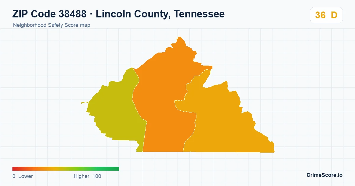 ZIP Code 38488 in Lincoln County, Tennessee neighborhood Safety Score map